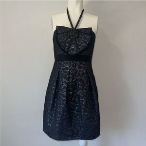 BCBGMAXAZRIA formal halter dress, black & gold shimmer, jeweled accent, size 12